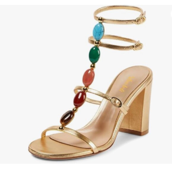 miss left Gold T-Strap Buckled Jewelled Gladiator Open Toe Chunky Heel Sandals - Picture 1 of 8